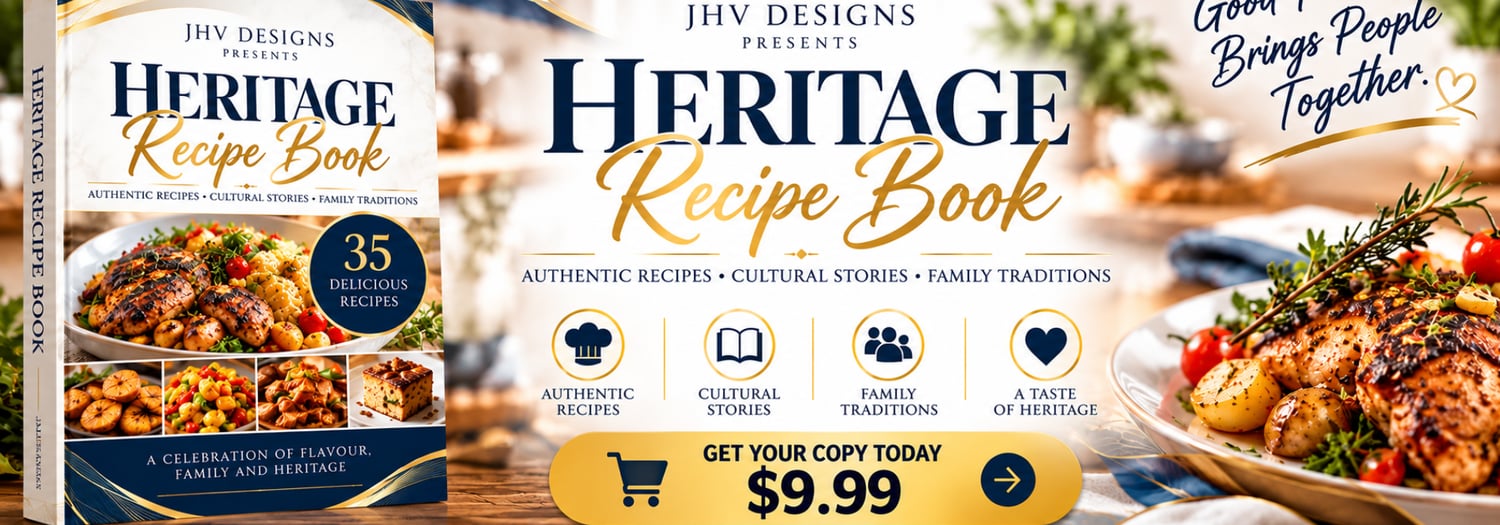 HV Designs Heritage Recipe Book featuring authentic recipes, cultural stories and family traditions