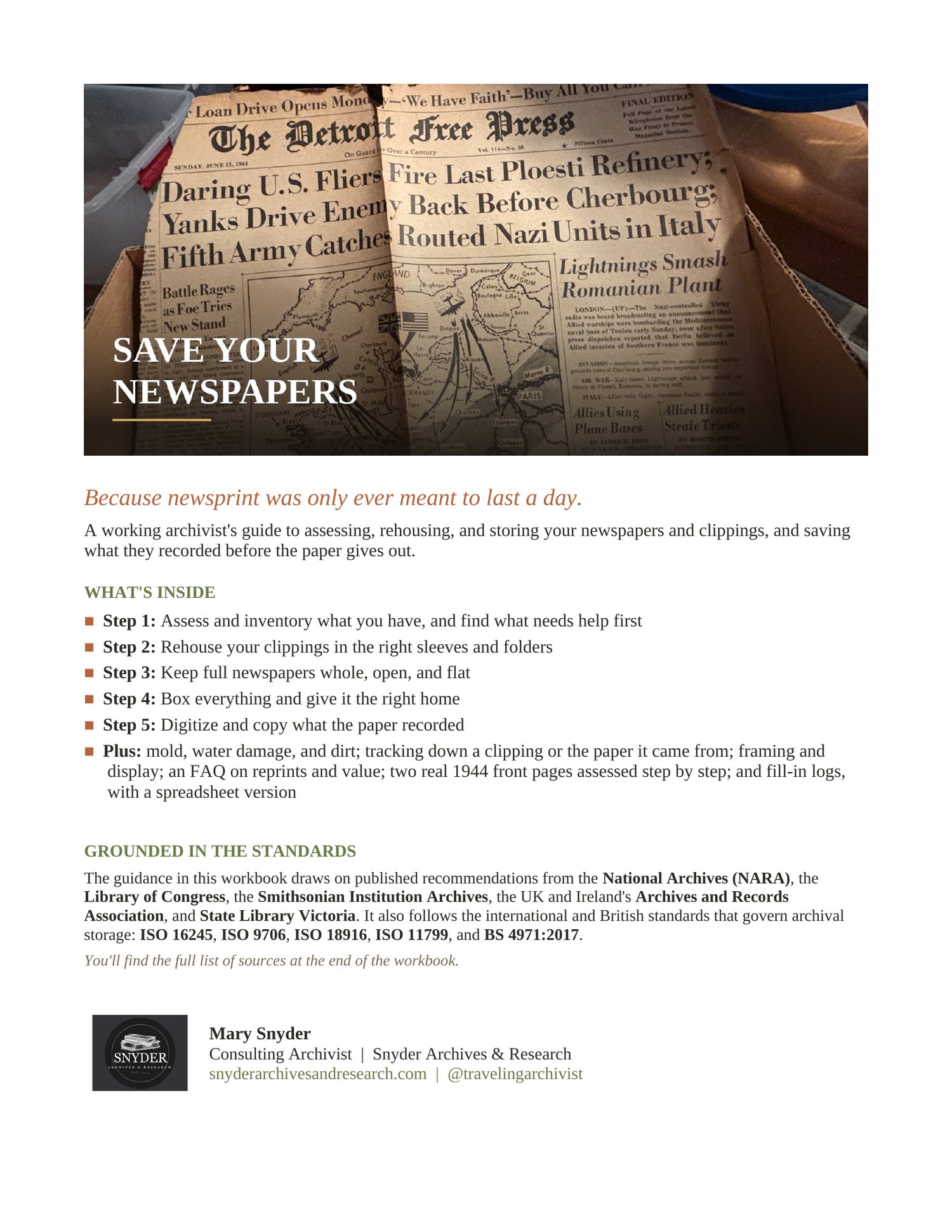 Cover of Save Your Newspapers, a preservation workbook for newspapers and clippings by Snyder Archives & Research