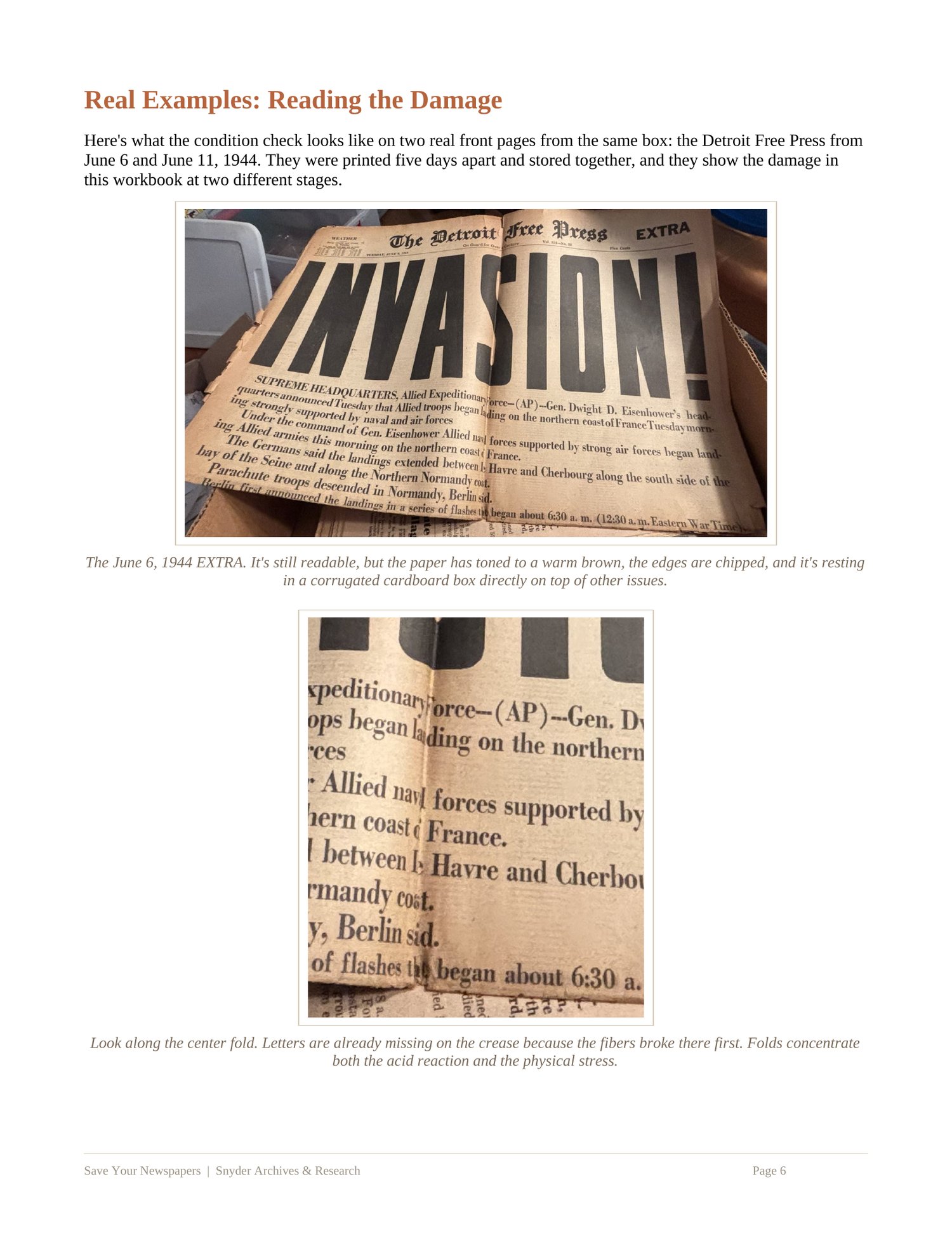 Real Examples page showing 1944 Detroit Free Press front pages assessed for damage