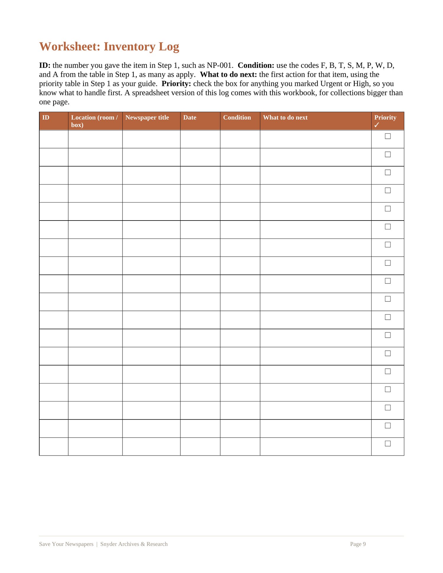 Newspaper and clipping inventory log worksheet