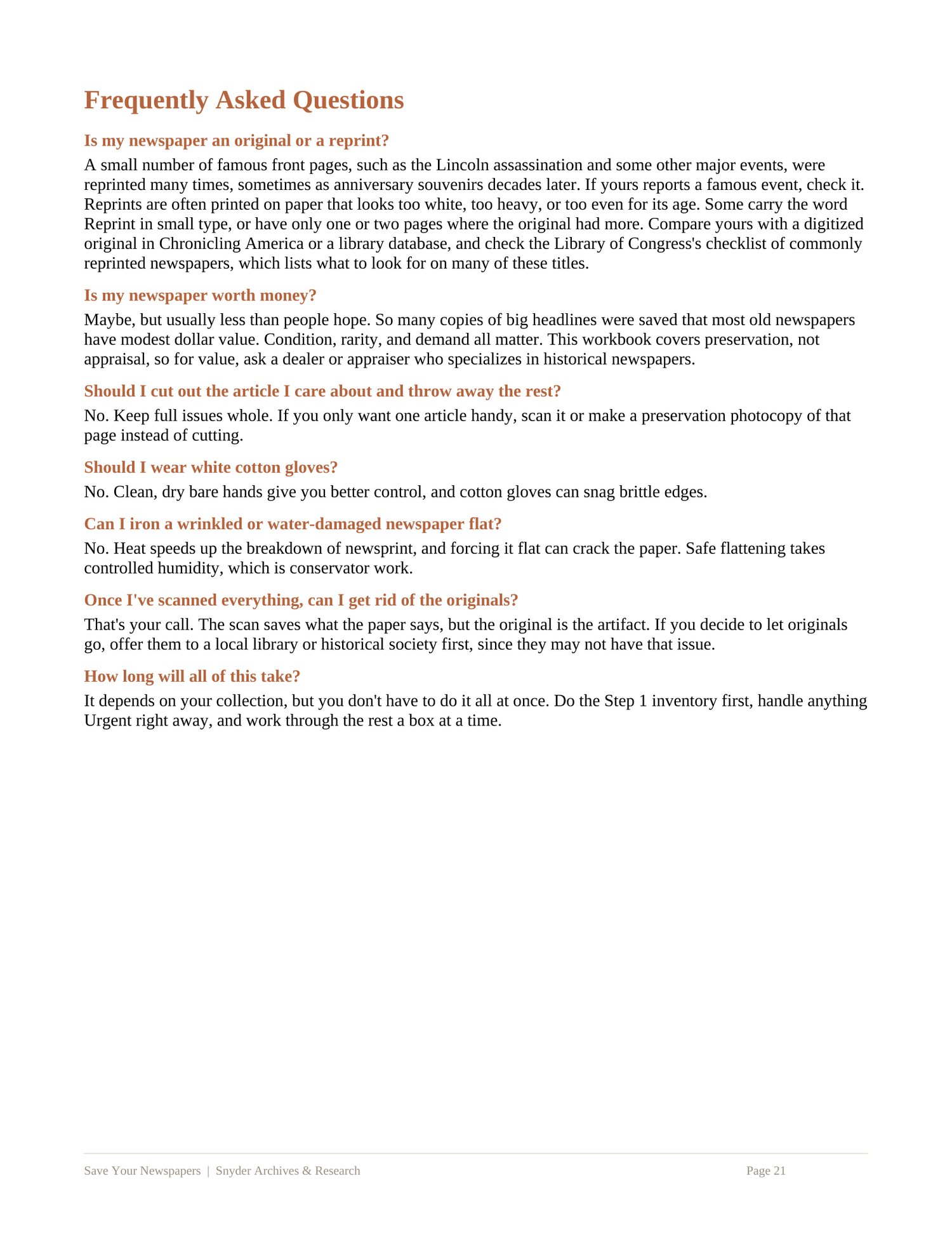 Frequently asked questions page on newspaper reprints, value, and care