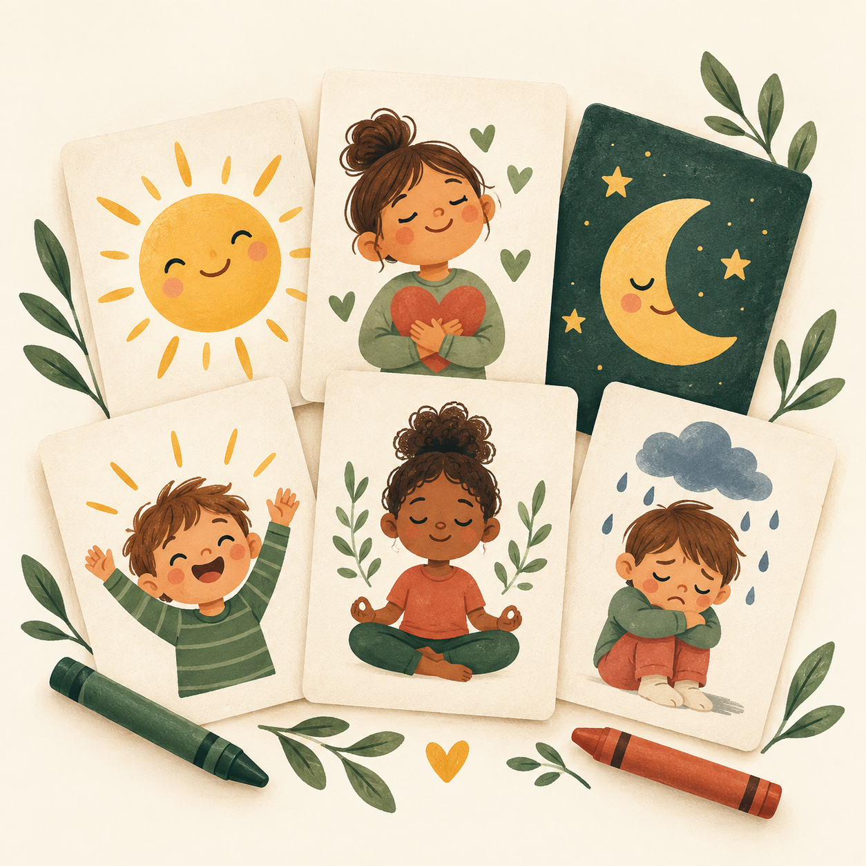 Illustrated routine and feelings cards representing Arabic and English family printables