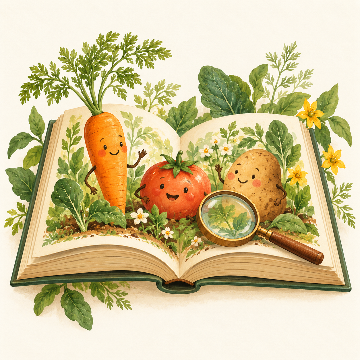 An open storybook with cheerful vegetable characters representing children’s garden stories and activities