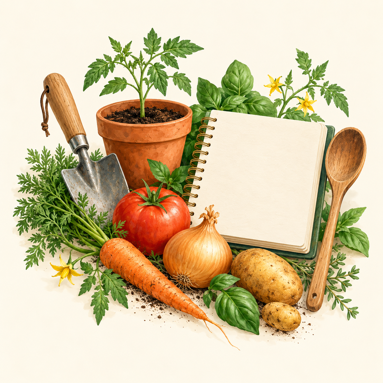 Vegetables, a seedling, garden tools and a recipe notebook representing gardening and cooking guides