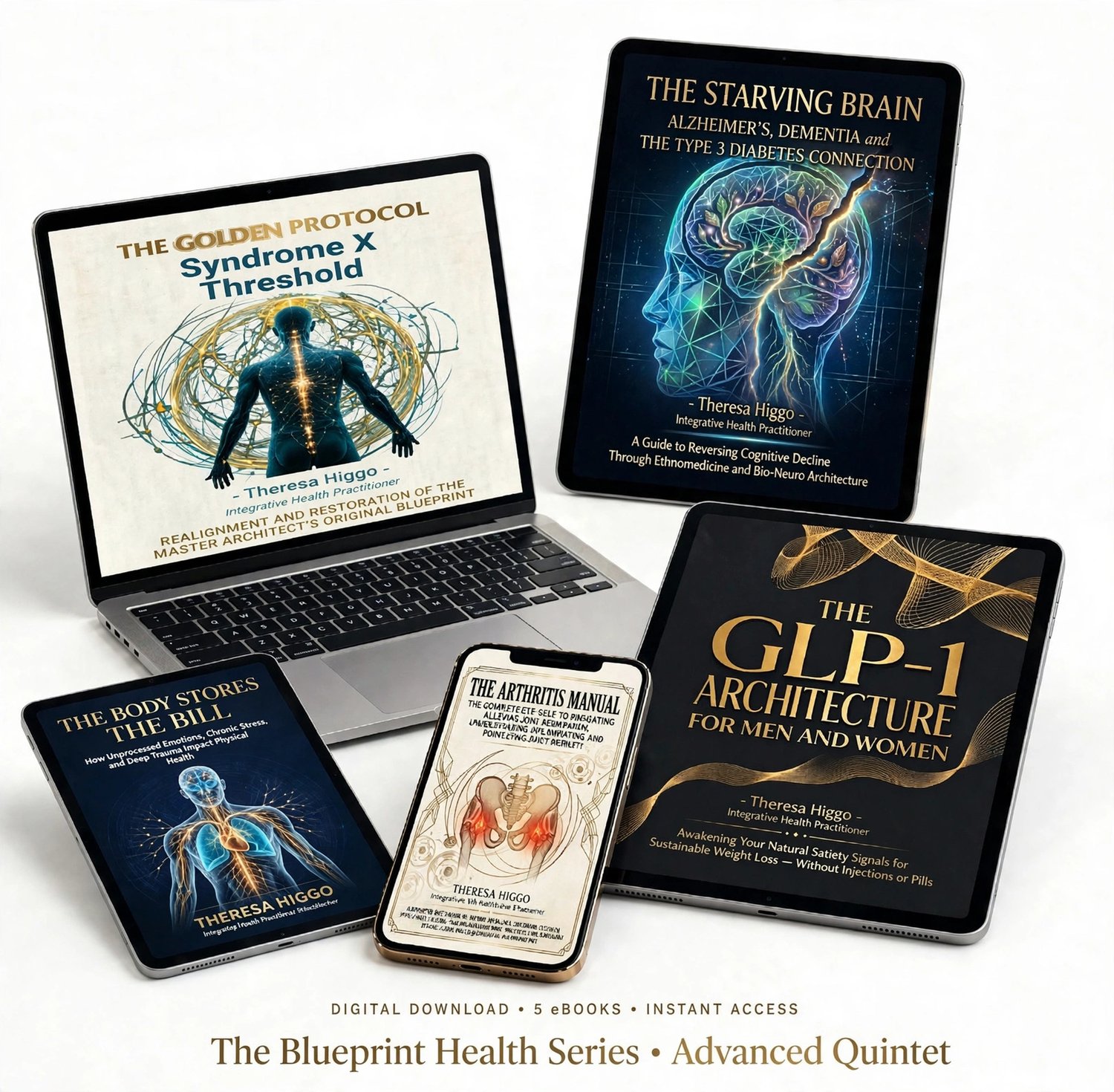 The Blueprint Health Series:  Advanced Quintet digital ee-book bundle mockup showing five health and clinical manuals