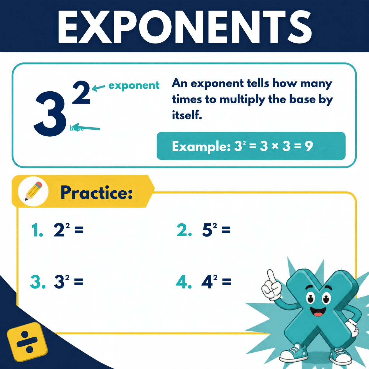 6th–7th grade math study guide page explaining exponents, including the base and exponent, an example of 3 squared, and four practice problems.