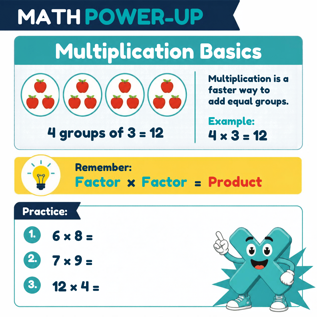Math Power-Up study guide and practice workbook cover featuring colorful math symbols, cartoon math characters, and the title “A Simple Study Guide + Practice Workbook.