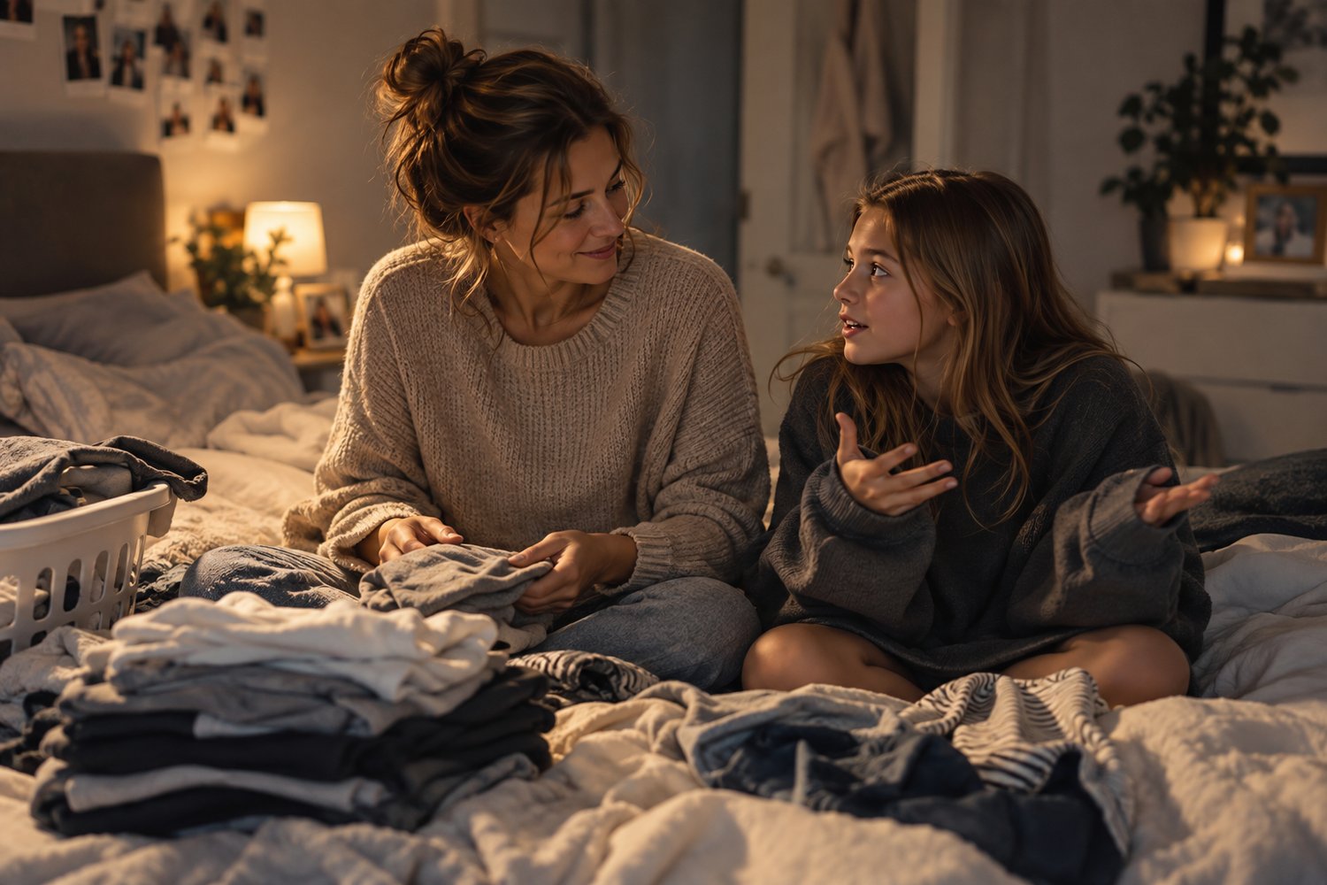 A mother folding laundry on the bed while her daughter, wearing an oversized sweater, tells her a story, capturing an ordinary family moment that may one day become a cherished memory.