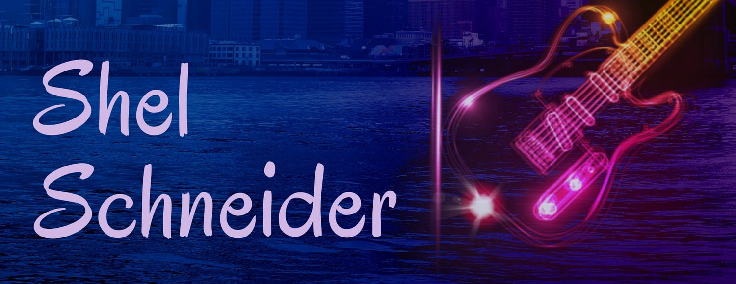 Text that says Shel Schneider next to a glowing outline of an electric guitar on a dark blue background