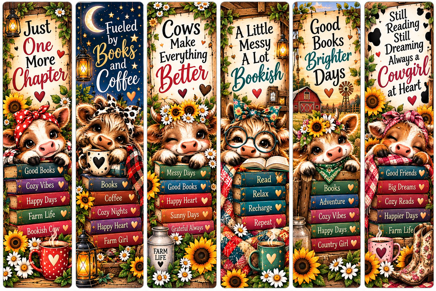 Six printable cow bookmarks with bookish sayings, colorful books, sunflowers, flowers, and cozy farmhouse designs