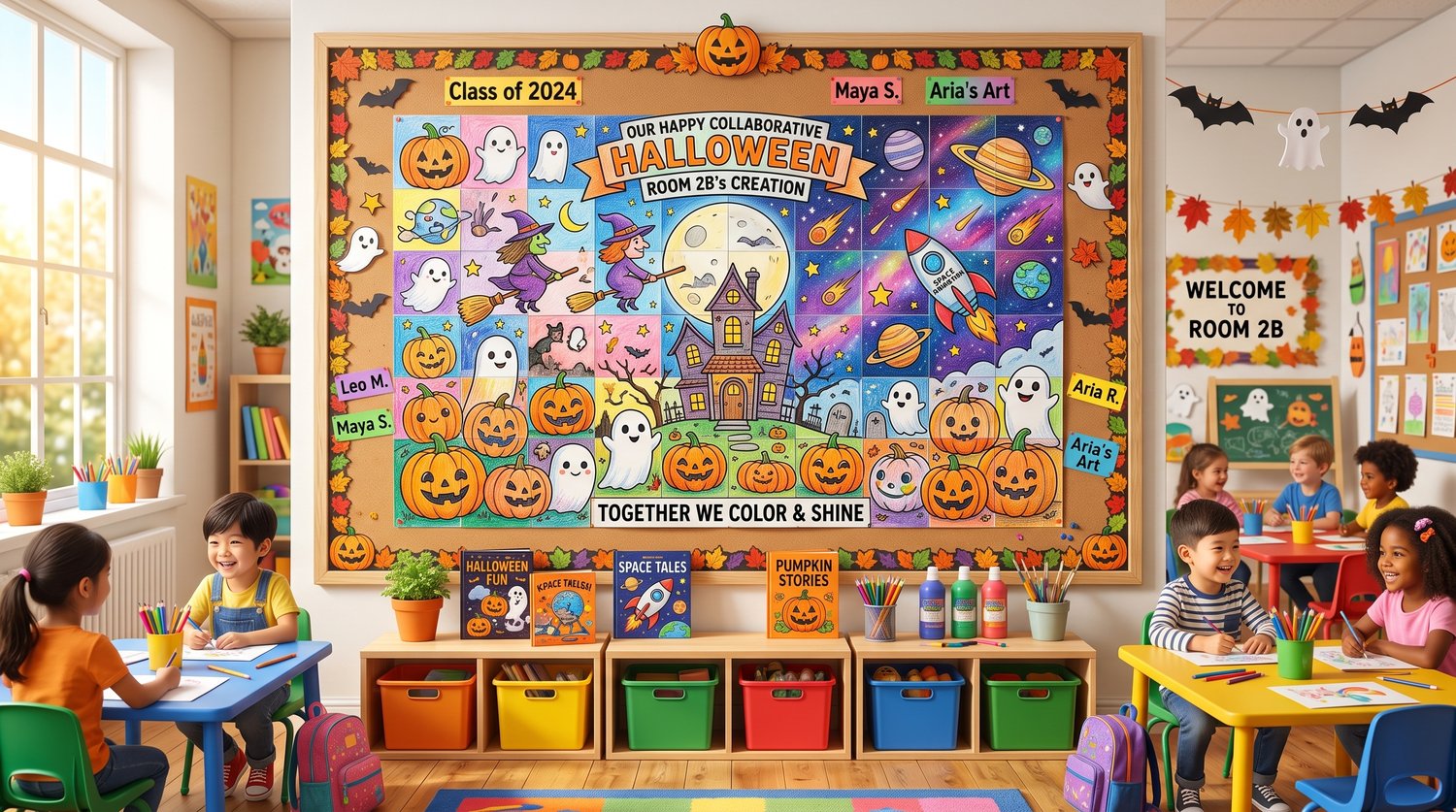 A bright elementary classroom featuring a giant Halloween collaborative poster with a space and haunted house theme displayed on a bulletin board.