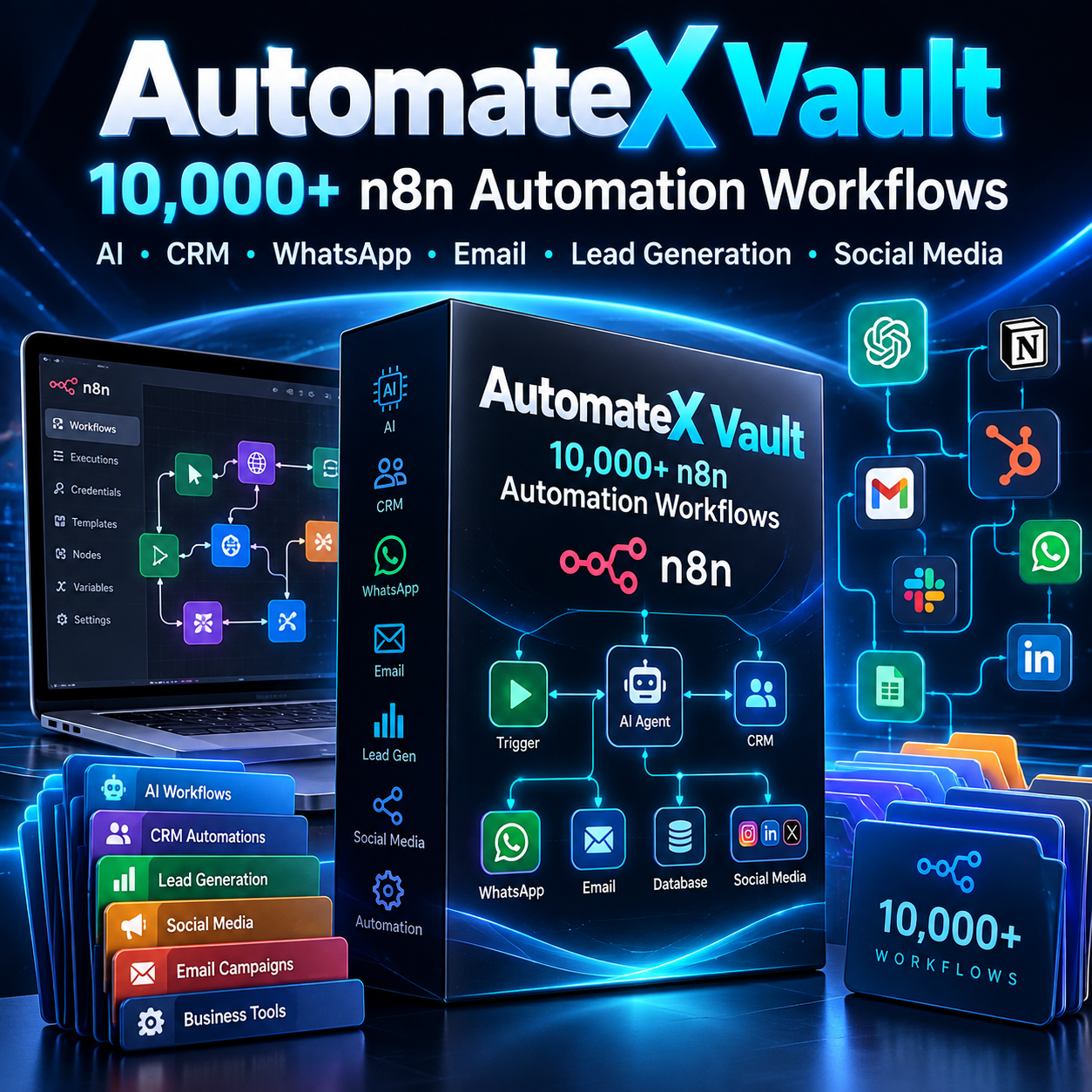 AutomateX Vault 10,000+ n8n automation workflows for AI, CRM, WhatsApp, email, lead generation, social media and business automation