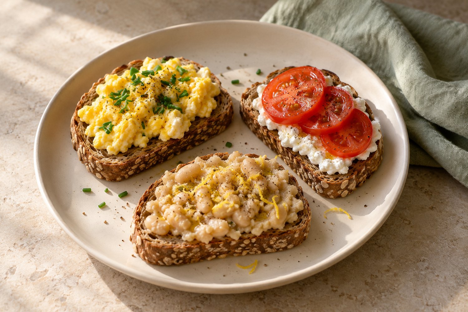 Three wholegrain toasts topped with scrambled eggs and chives, cottage cheese and tomato, and white beans with lemon.