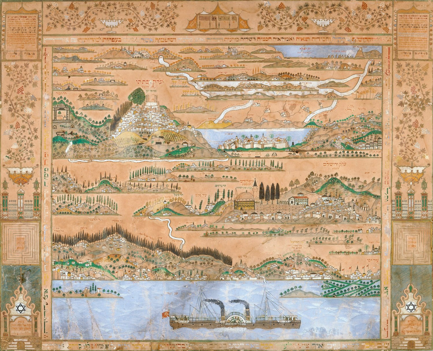 A panoramic map of Israel viewed from the Mediterranean. It is drawn on brown paper and has a border with vines.