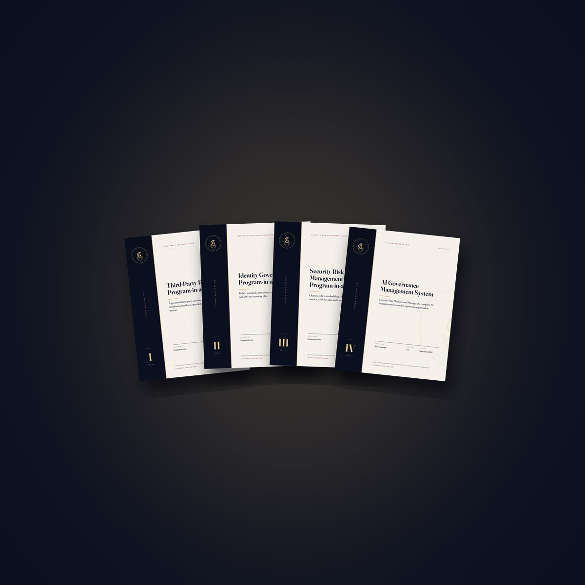 Stacked covers of the Cyber Auctoritas program documents: policies, procedures and workbooks.