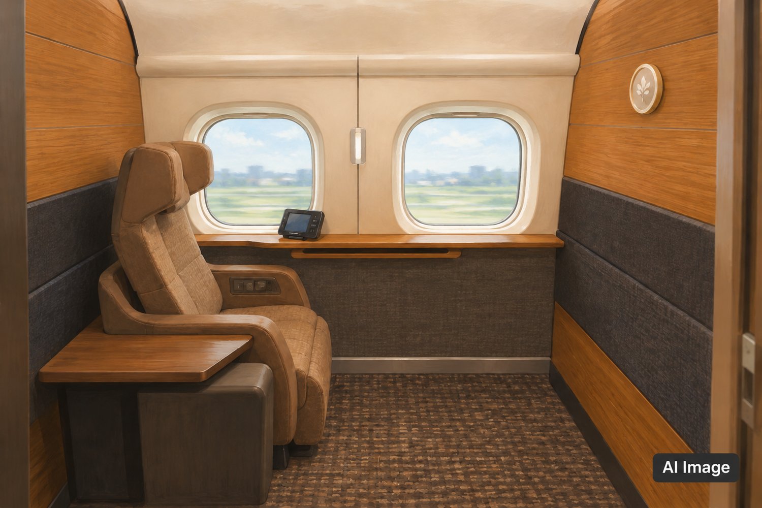 AI-generated illustration inspired by the one-person Supreme Class cabin in Car 10, with a brown seat, two windows and wood finishes. Labelled AI Image at the lower right. Not a photograph or an exact technical drawing; details may differ from the actual 