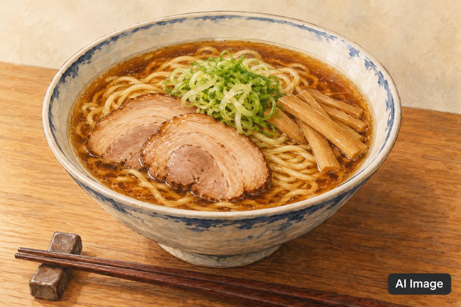 AI-generated illustration of a bowl of ramen on a wooden counter, labelled AI Image at the lower right. Generic food illustration, not a photograph of a museum restaurant or its menu.