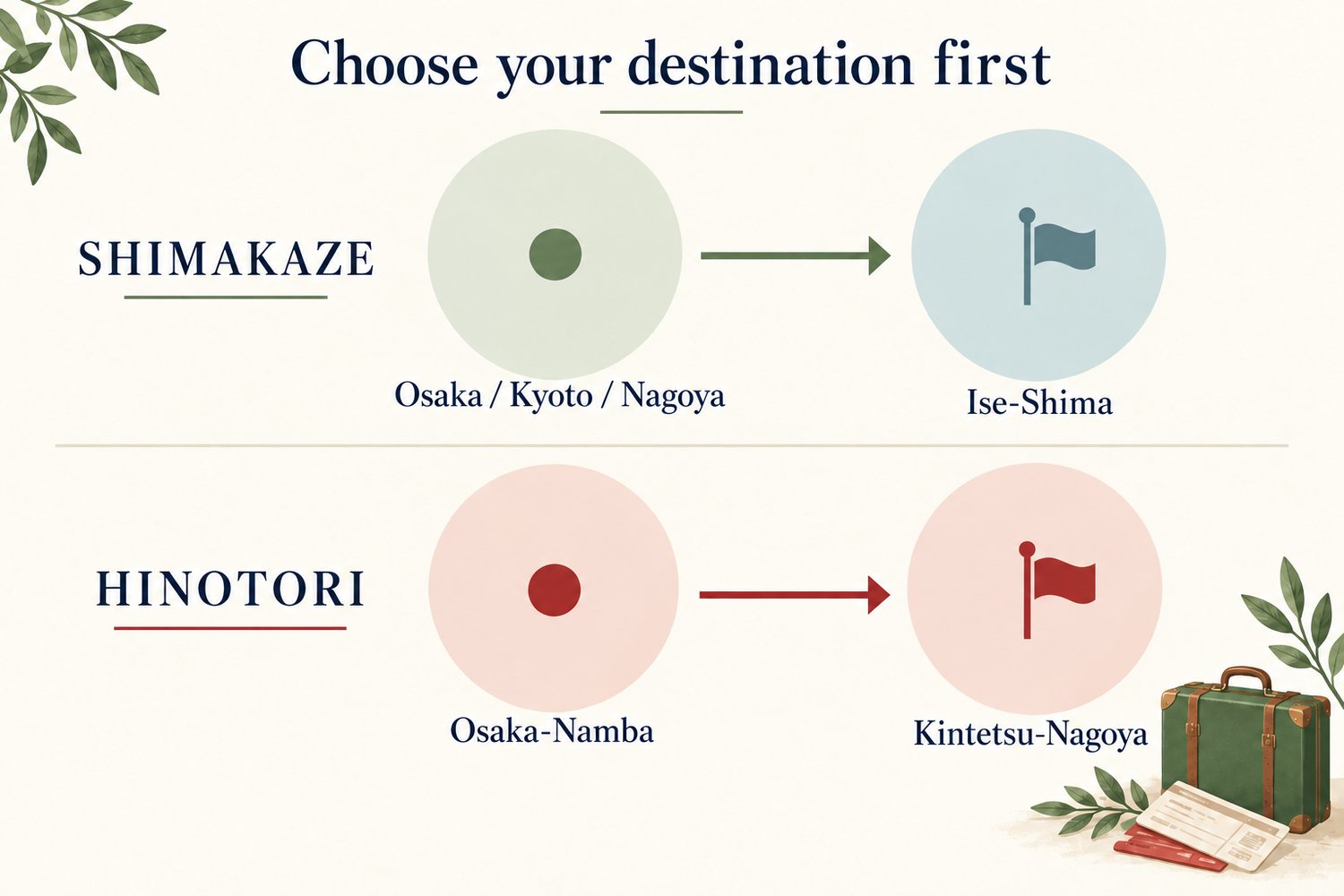 AI-generated destination comparison: Shimakaze links Osaka, Kyoto and Nagoya with Ise-Shima; Hinotori links Osaka-Namba with Kintetsu-Nagoya. Concept graphic, not a geographic map or a photograph.
