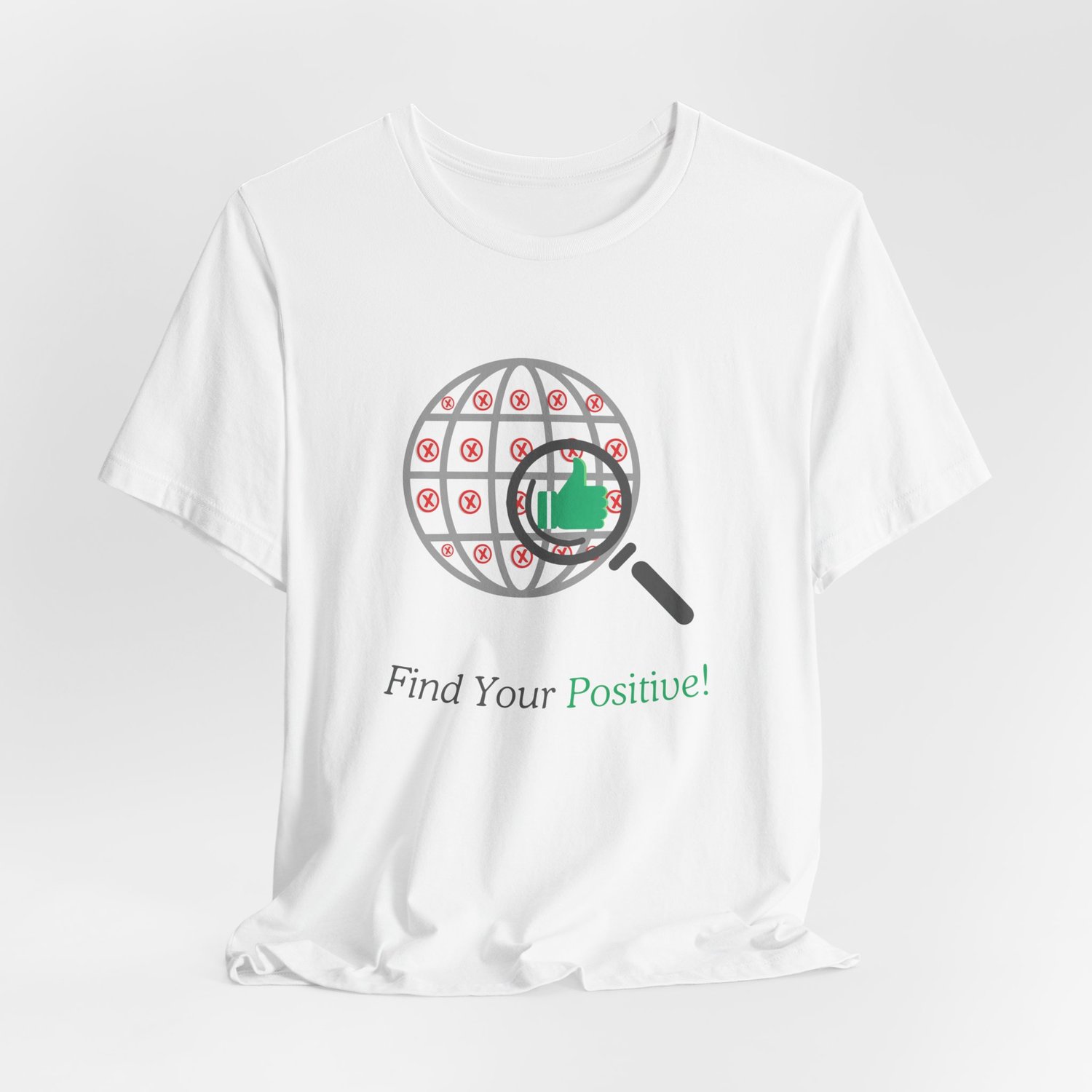 Wrinkled flat-lay of the ‘Find Your Positive’ shirt highlighting the graphic on soft fabric.