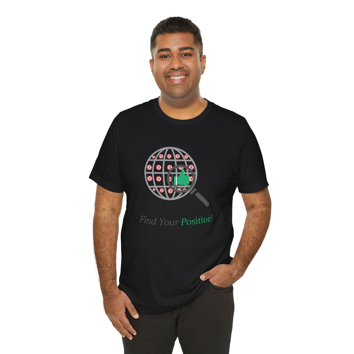 Man wearing the ‘Find Your Positive’ graphic tee, displaying the design in a relaxed lifestyle scene.