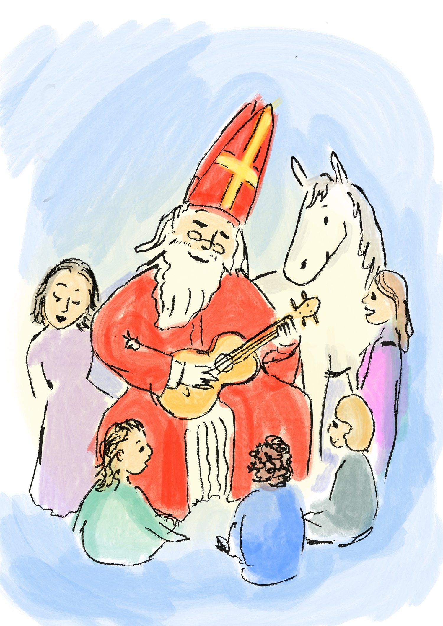 Sinterklaas met een ukulele  - tekening van Jara Holdert