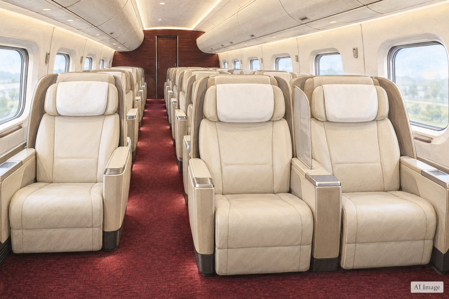 AI-generated illustration inspired by E5/H5 GranClass: one cream seat on the left and two on the right (1+2), with red carpet. AI Image lower right. Not a photograph, Supreme Class cabin or technical seat map.