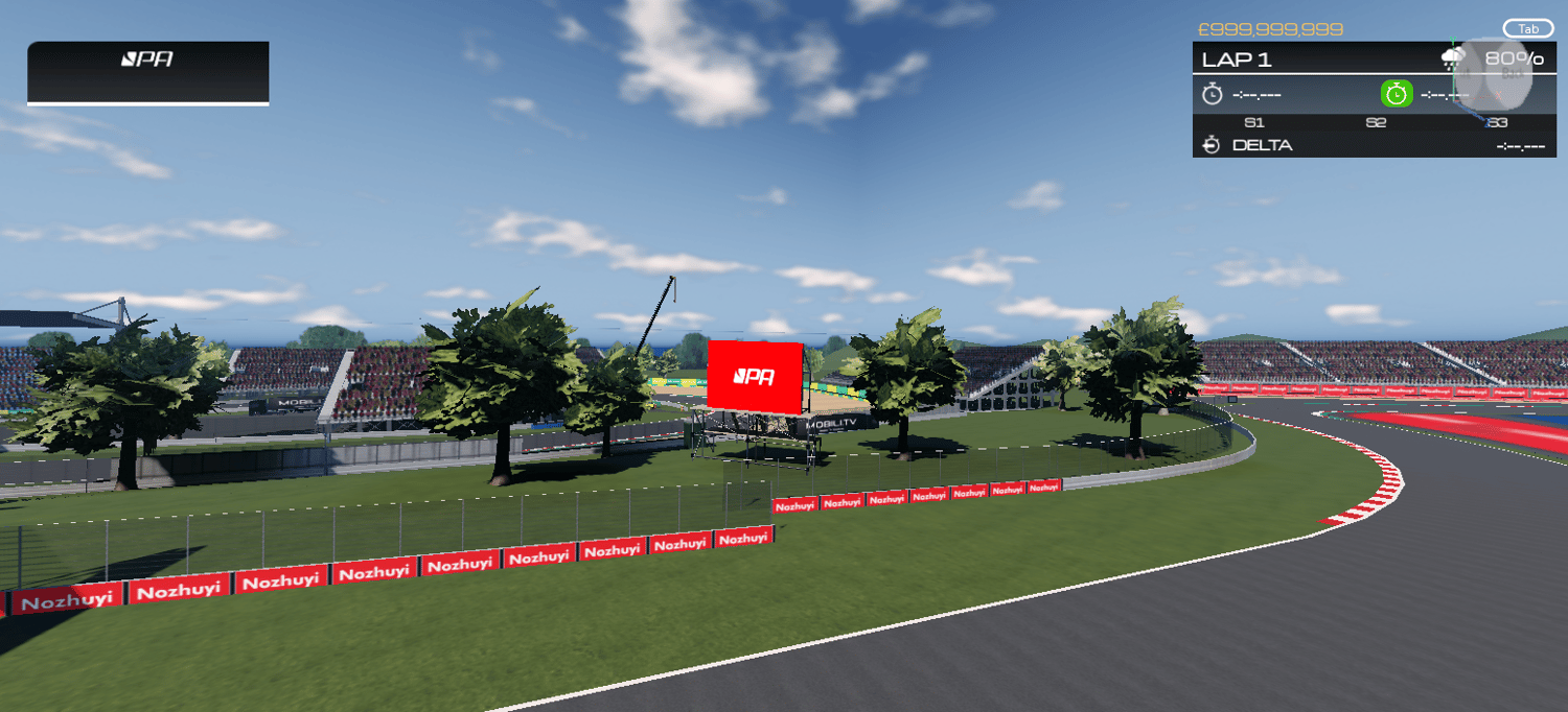 Detailed pit buildings and grandstands