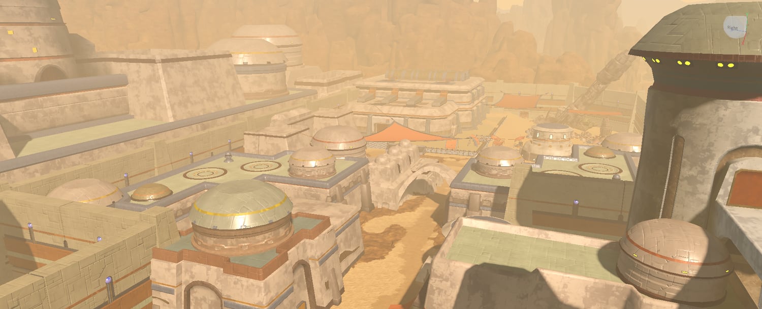 Futuristic facility interior with platforms