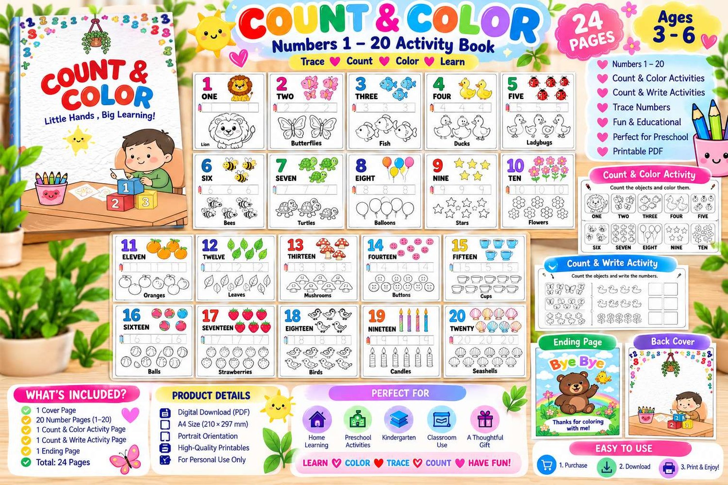 Printable preschool counting activity book with numbers 1–20, counting objects, tracing and coloring activities