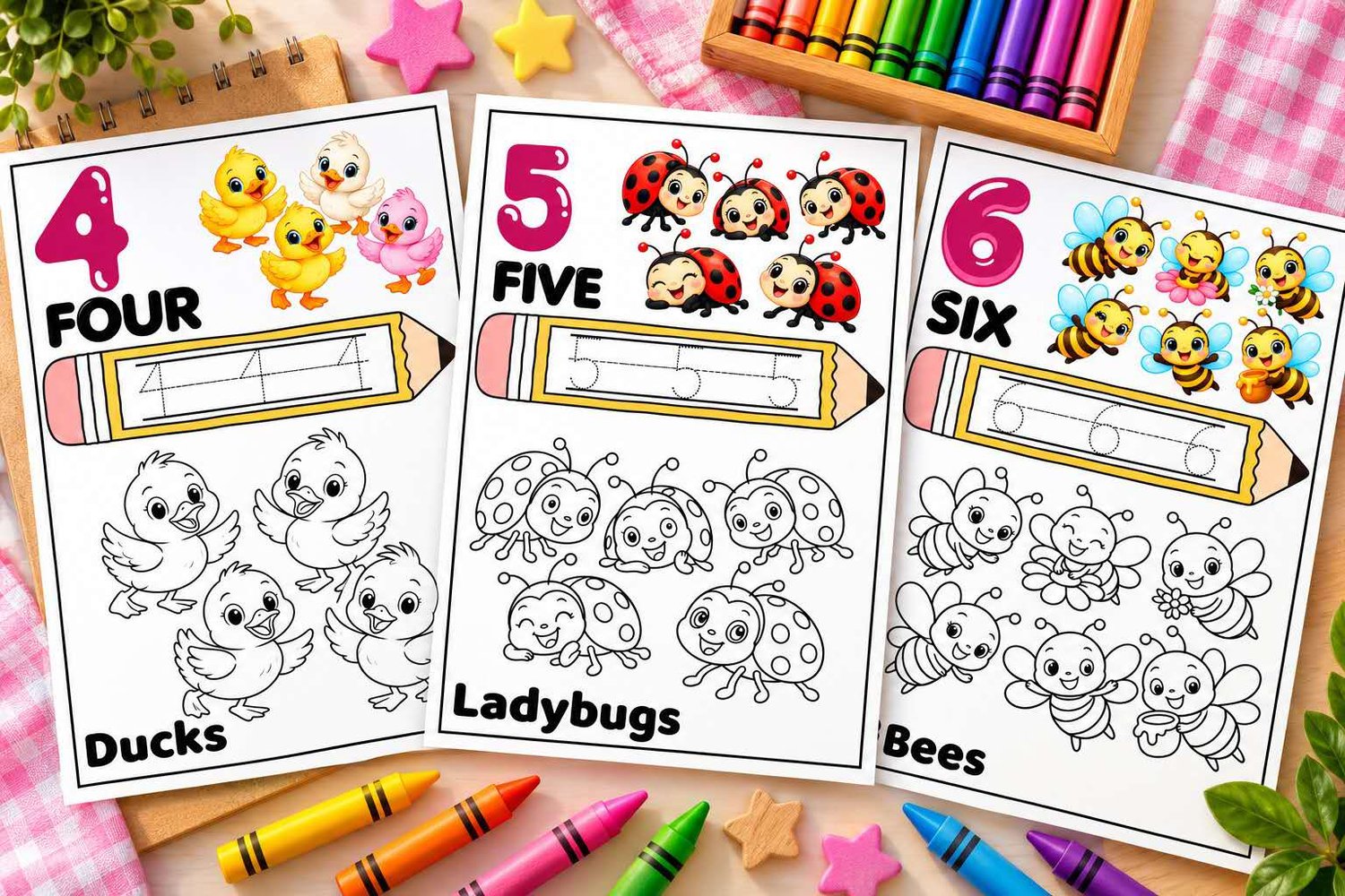 Printable preschool counting activity book with numbers 1–20, counting objects, tracing and coloring activities