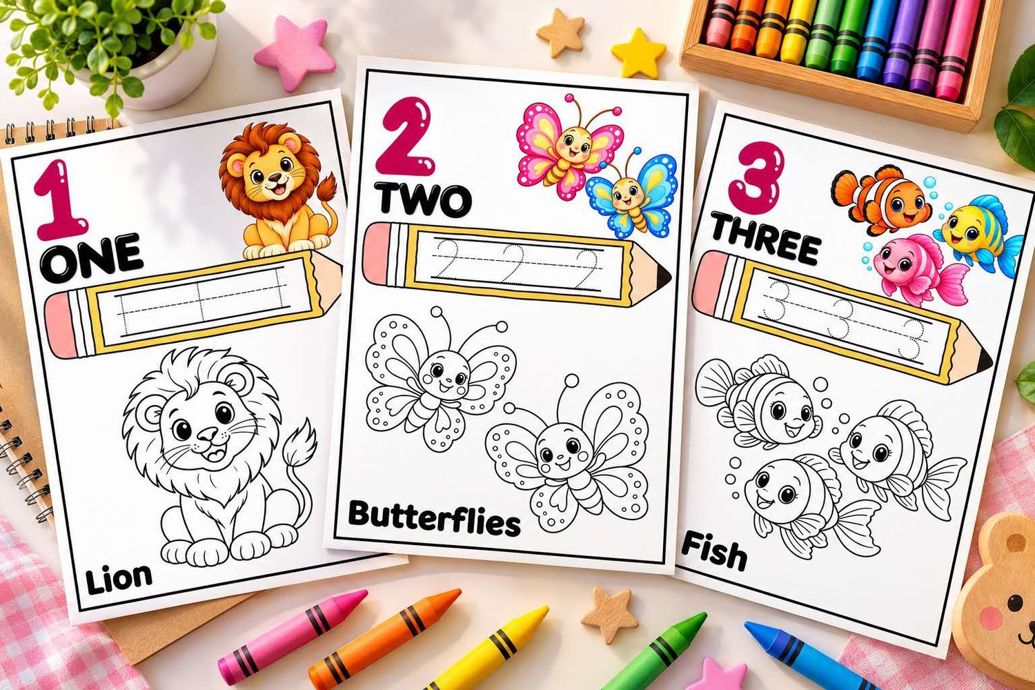 Printable preschool counting activity book with numbers 1–20, counting objects, tracing and coloring activities