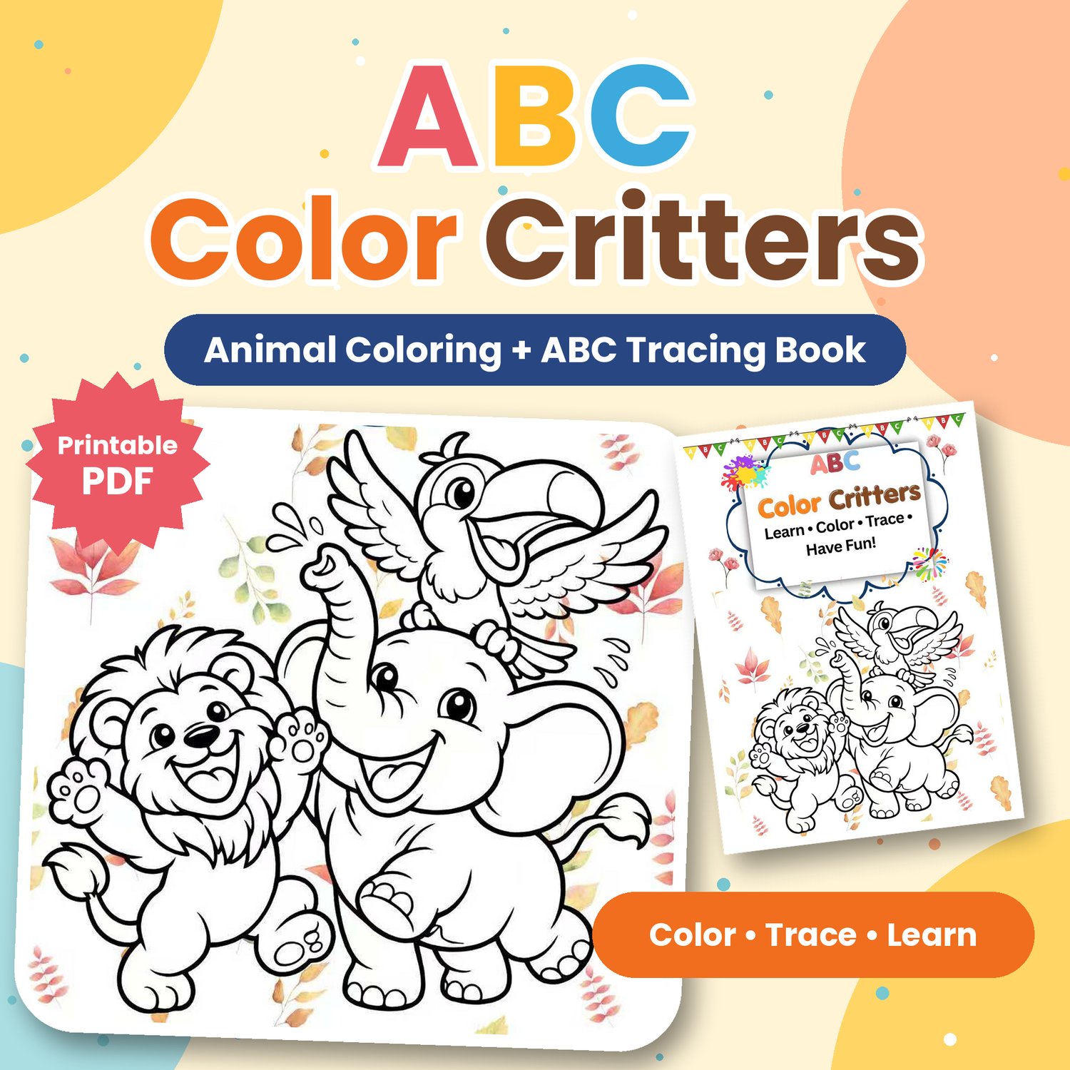 ABC animal coloring and tracing book for preschool children ages 3–6 with colorful alphabet animal illustrations.
