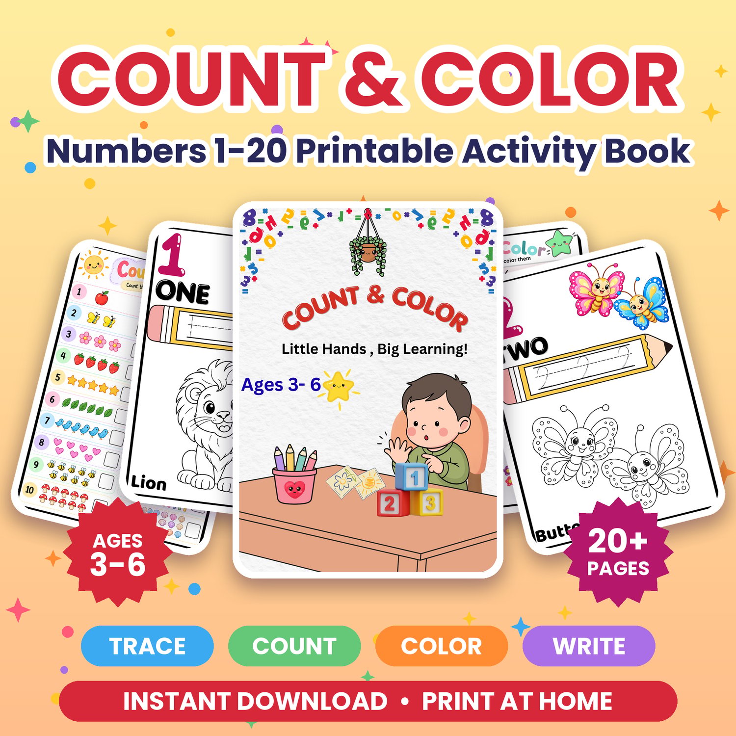 Count and Color Numbers 1–20 printable counting book for preschool and kindergarten children ages 3–6