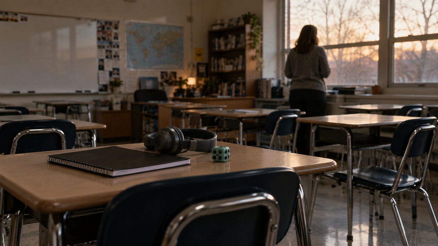 Empty classroom desk with headphones, notebook and fidget toy at the end of the day, autism masking in the classroom