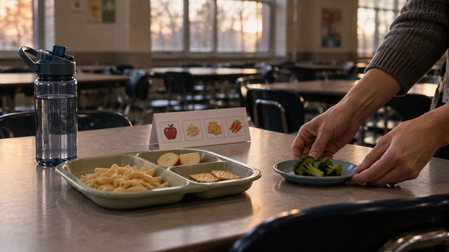 Calm school lunch table with a divided plate of safe foods and a small learning plate, ARFID and autism mealtime strategies