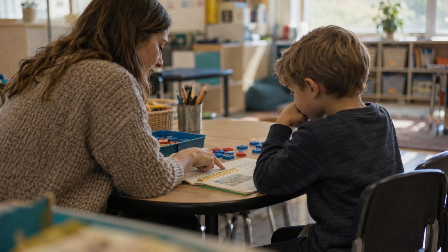 Teacher and student working with letter tiles at a classroom table, dyslexia accommodations in the classroom