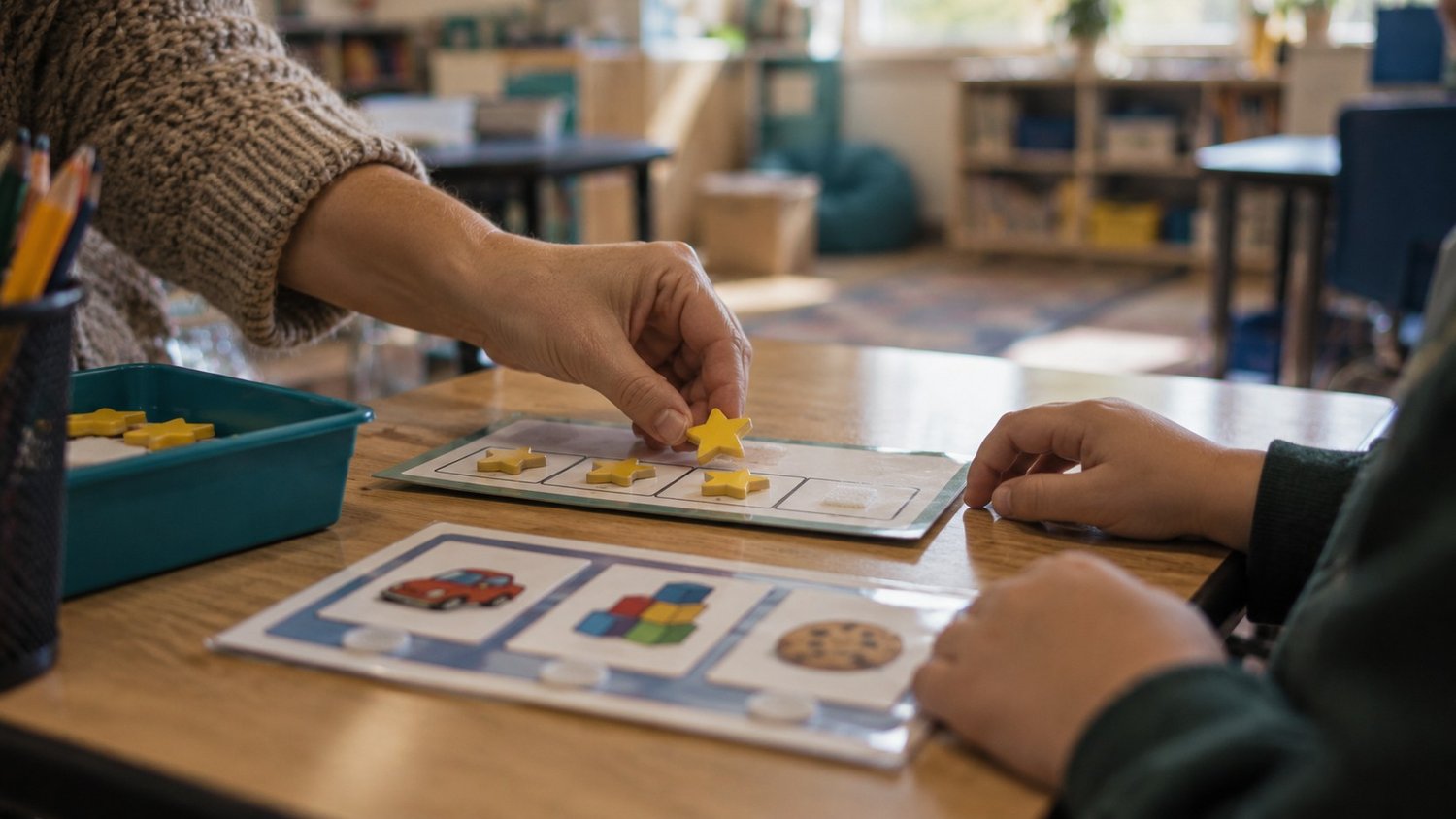Teacher placing a star token on a student token board next to a choice board, token economy in the classroom