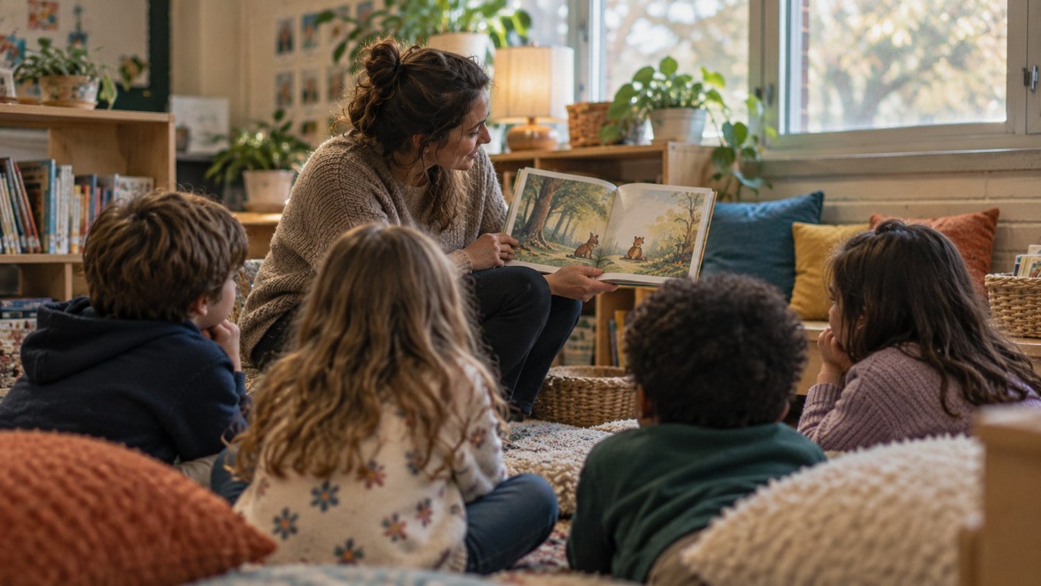 Teacher reading a short story aloud to young children in a cozy classroom reading corner, SEL short stories for kids