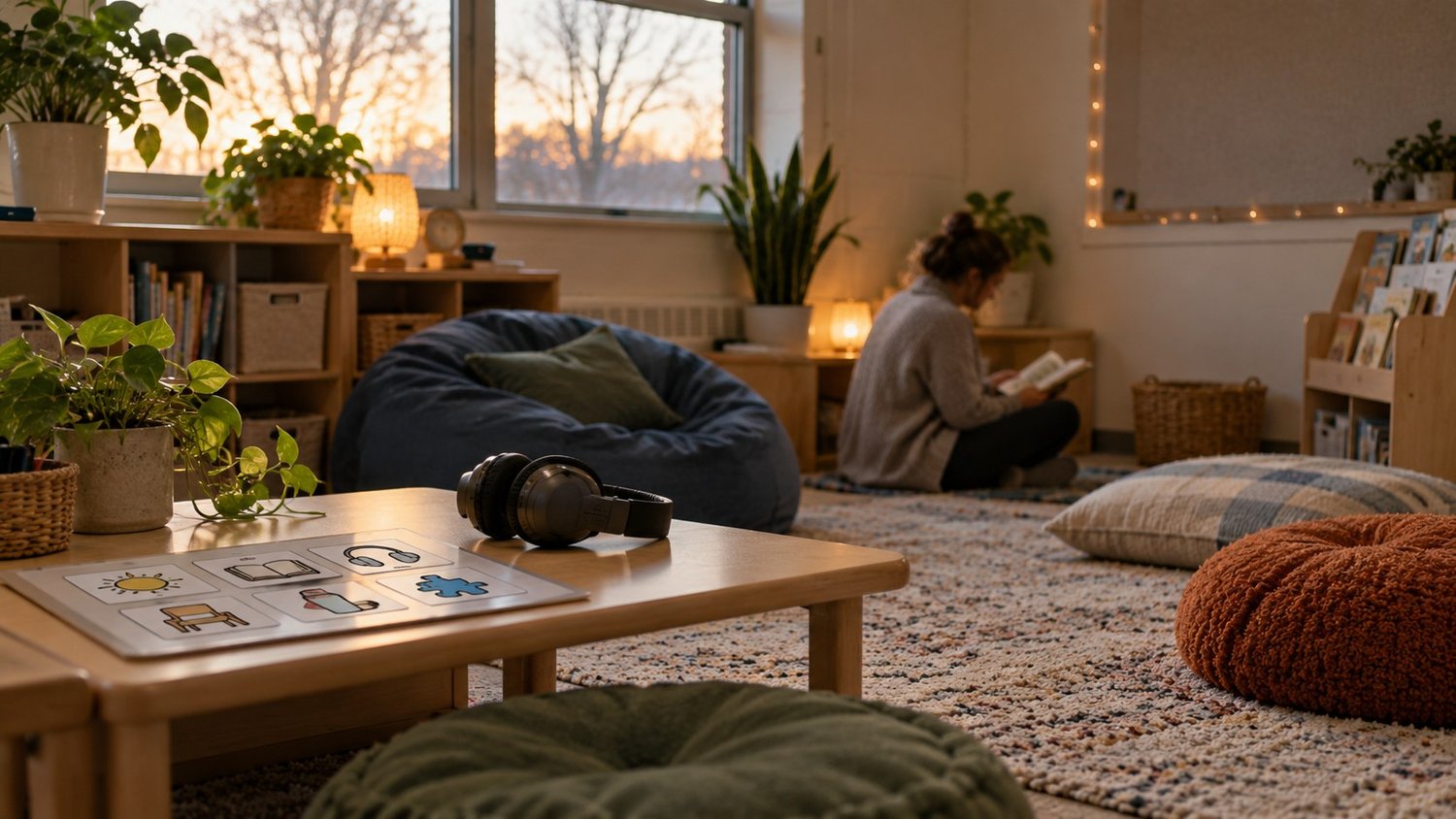 Calm low-stimulation classroom corner with beanbag, cushions, headphones and a visual choice board, low-demand classroom setup