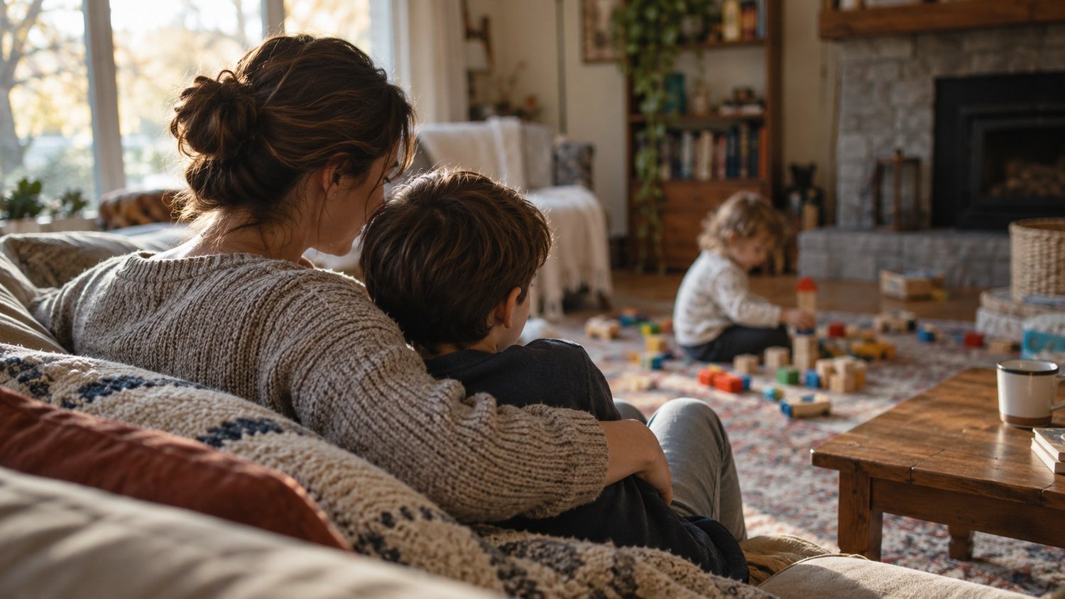 Parent hugging an older child on the sofa while a younger sibling plays with blocks, siblings of autistic children