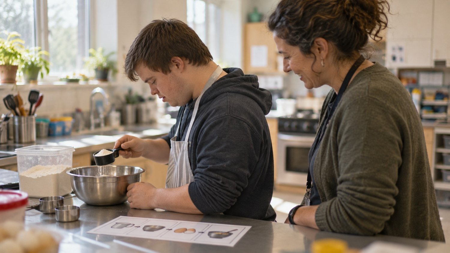 Young adult measuring flour with a picture recipe while a job coach watches, independent living skills for special education students