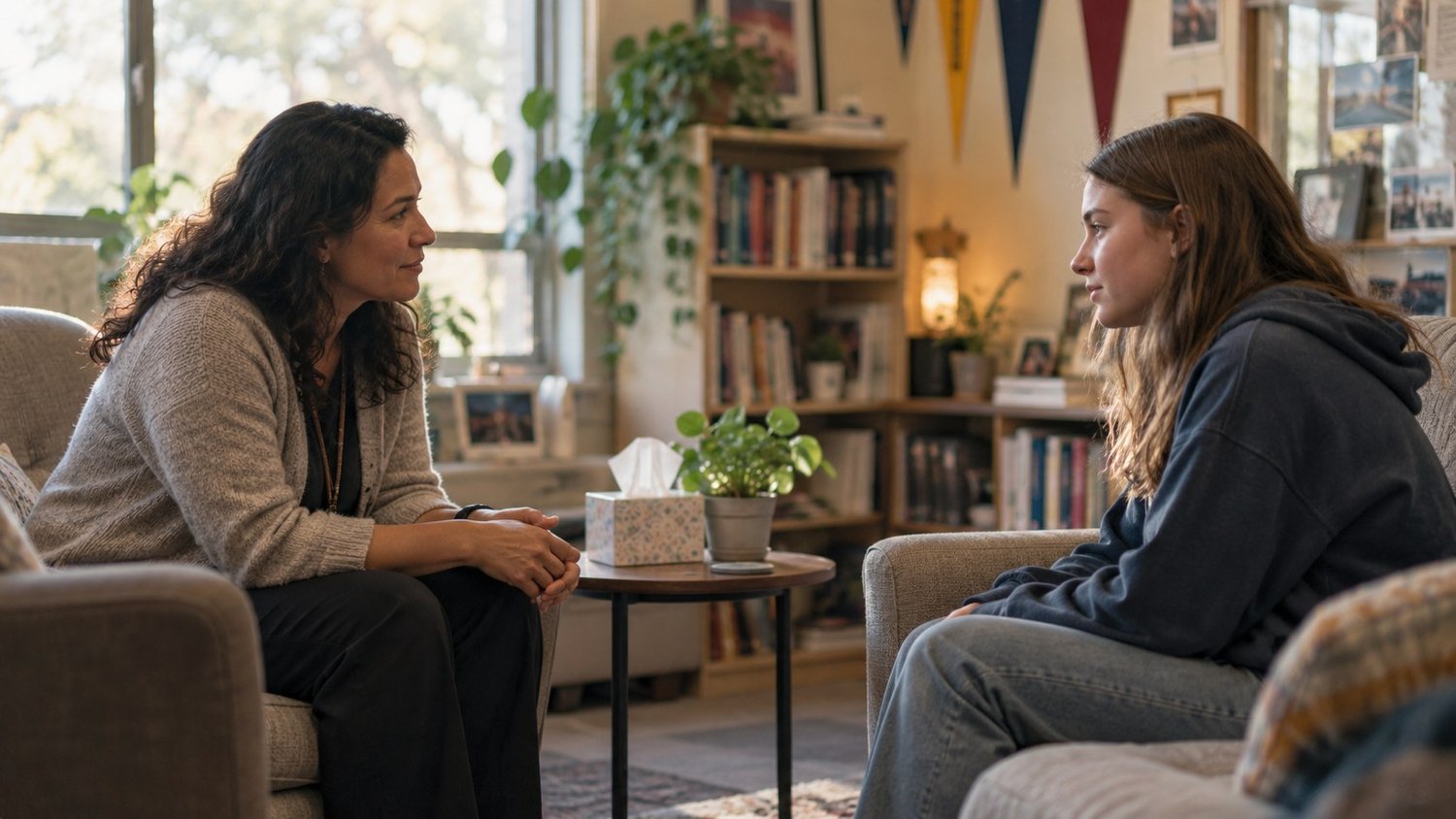 School counselor talking with a teenage student in a warm counseling office, comprehensive school counseling program