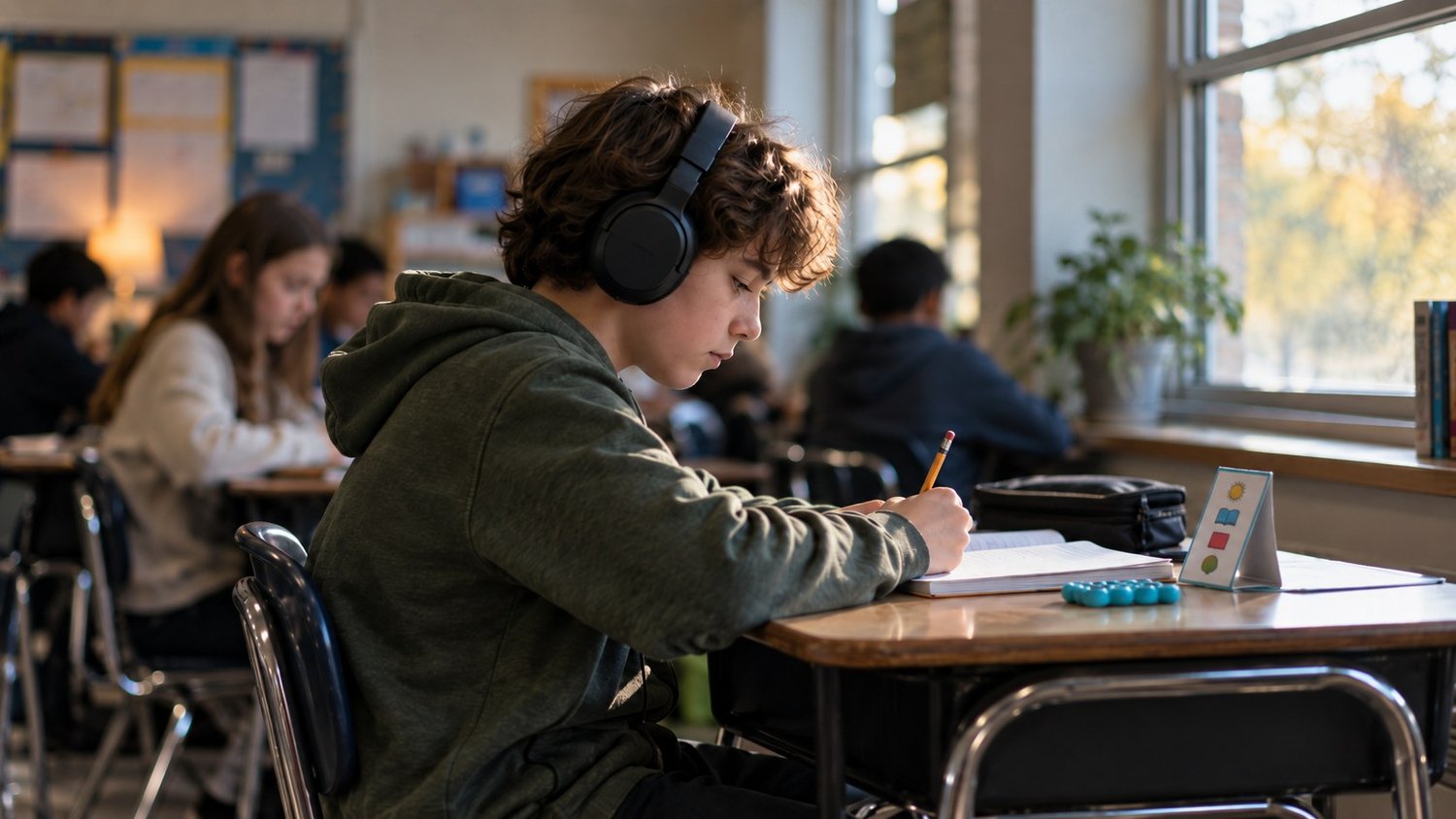 Student wearing noise-reducing headphones working at a desk with a visual schedule card, supporting autistic students in the general education classroom