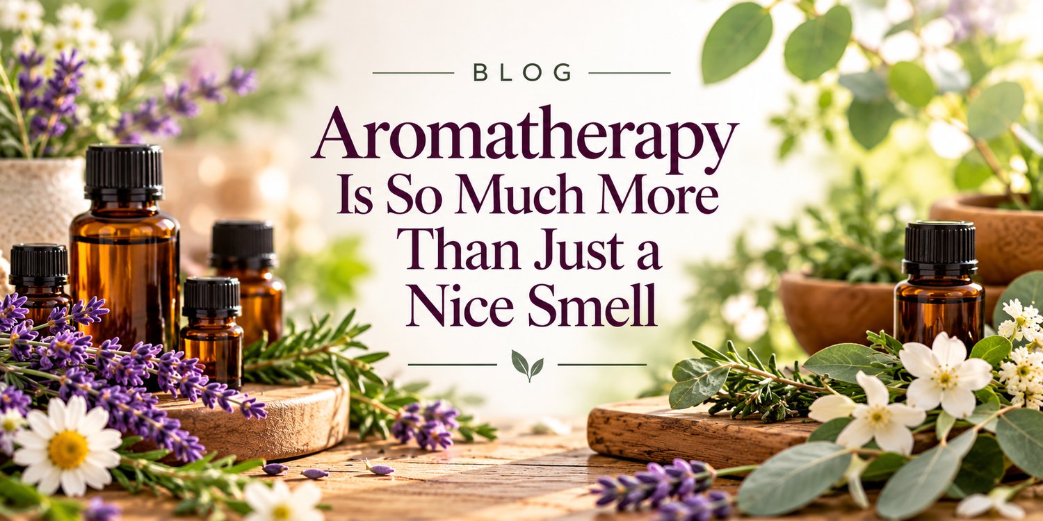 Aromatherapy essential oils with lavender, herbs and flowers