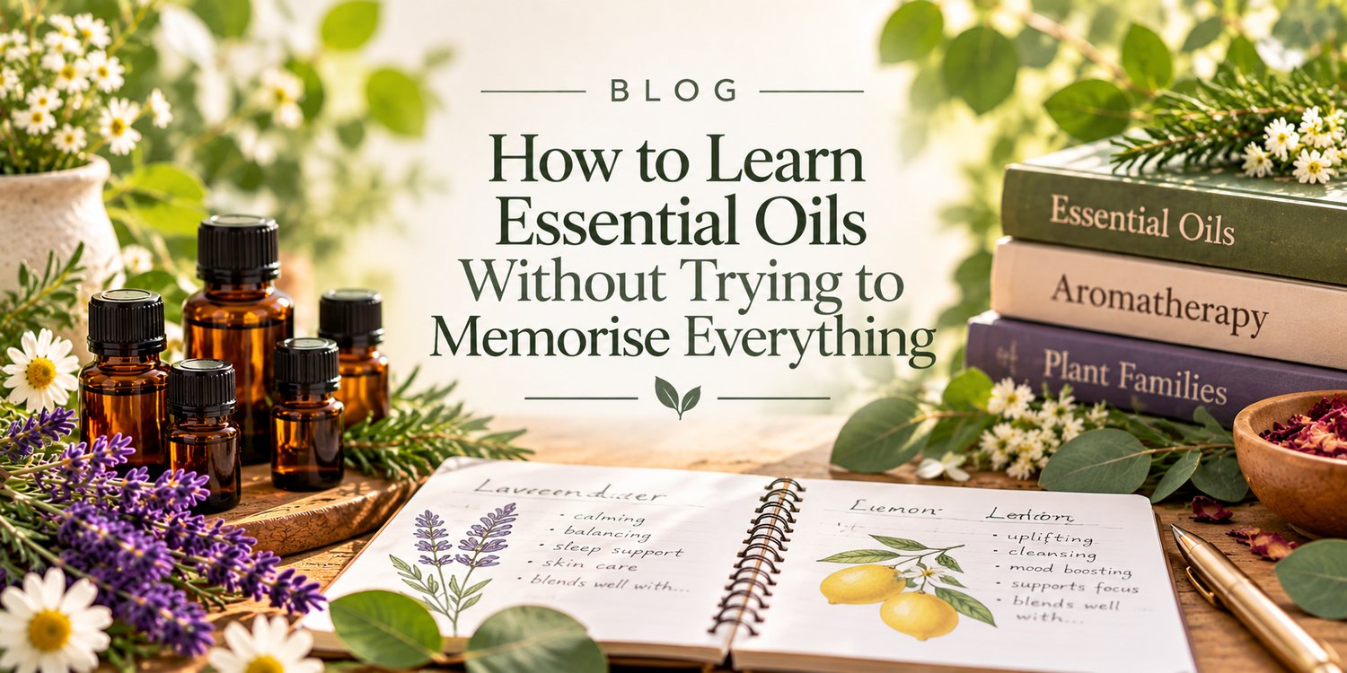 Learning essential oils with aromatherapy study notes and essential oil bottles