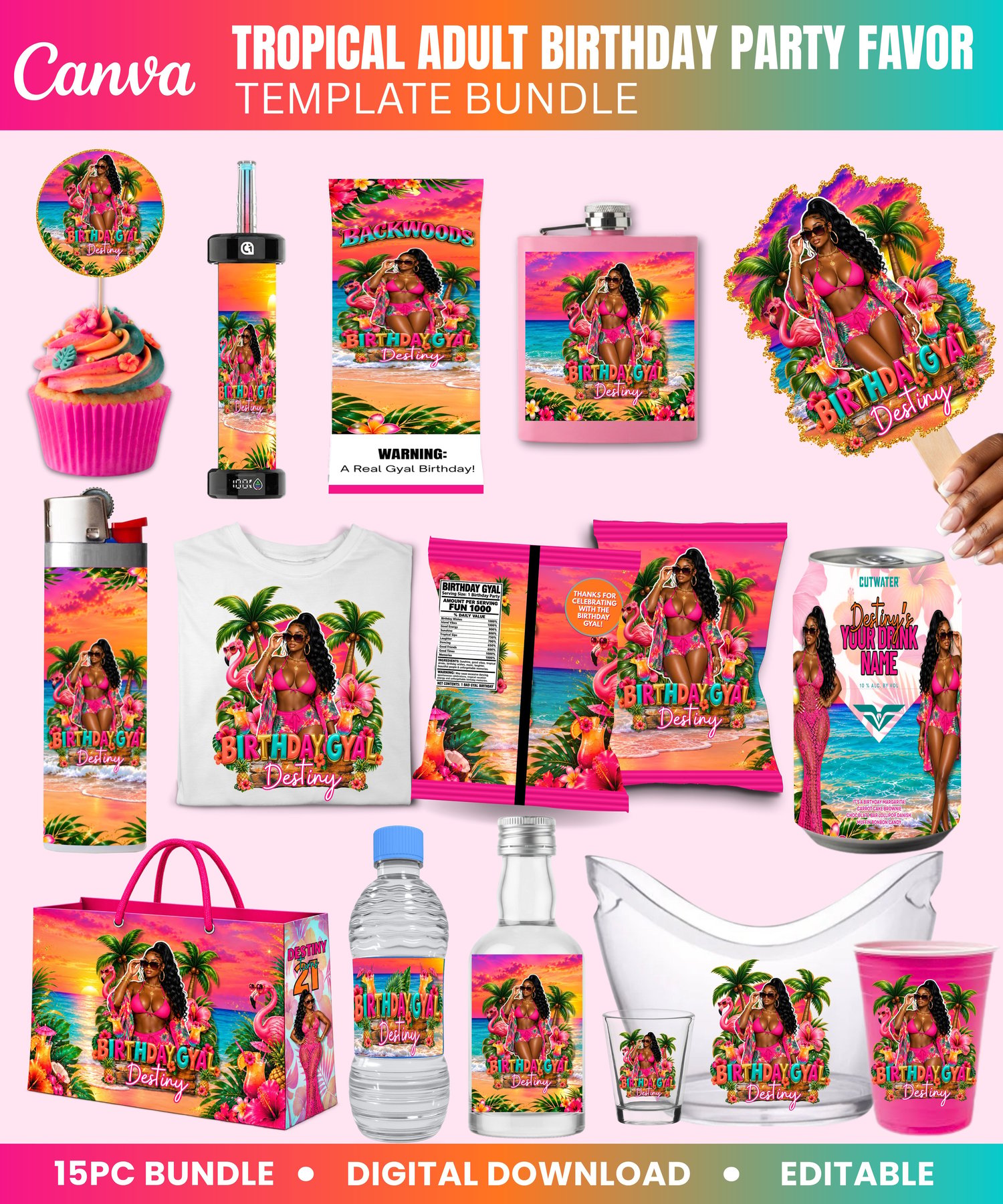 tropical birthday bundle, adult birthday favors, birthday party favor bundle, Canva birthday templates, editable party favors, personalized birthday favors, tropical party favors, Black girl birthday, island girl birthday, Caribbean birthday party, chip b