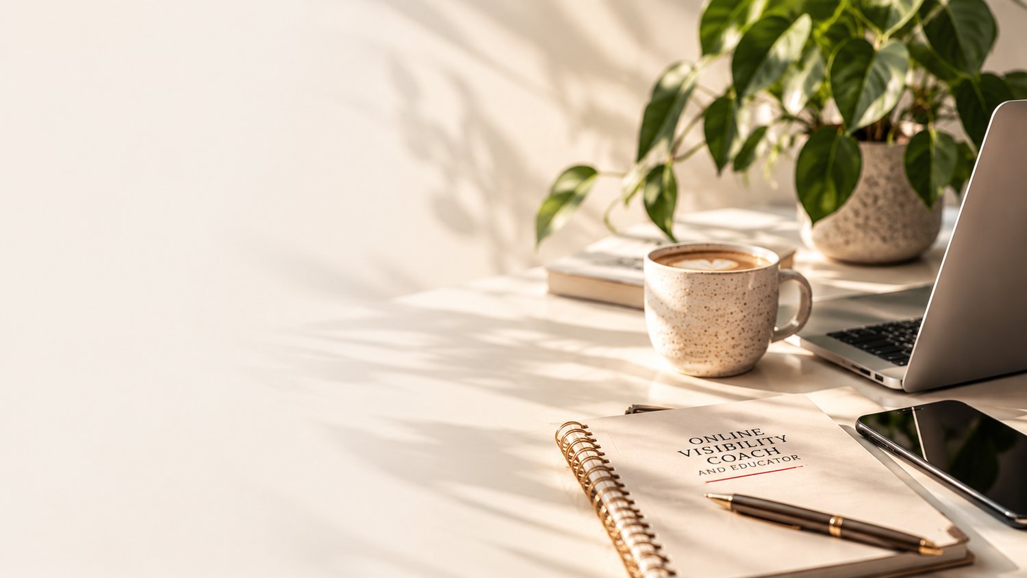 Bright cream workspace with laptop, notebook, pen, coffee and green plant in soft natural light, representing online visibility planning and small business digital marketing.