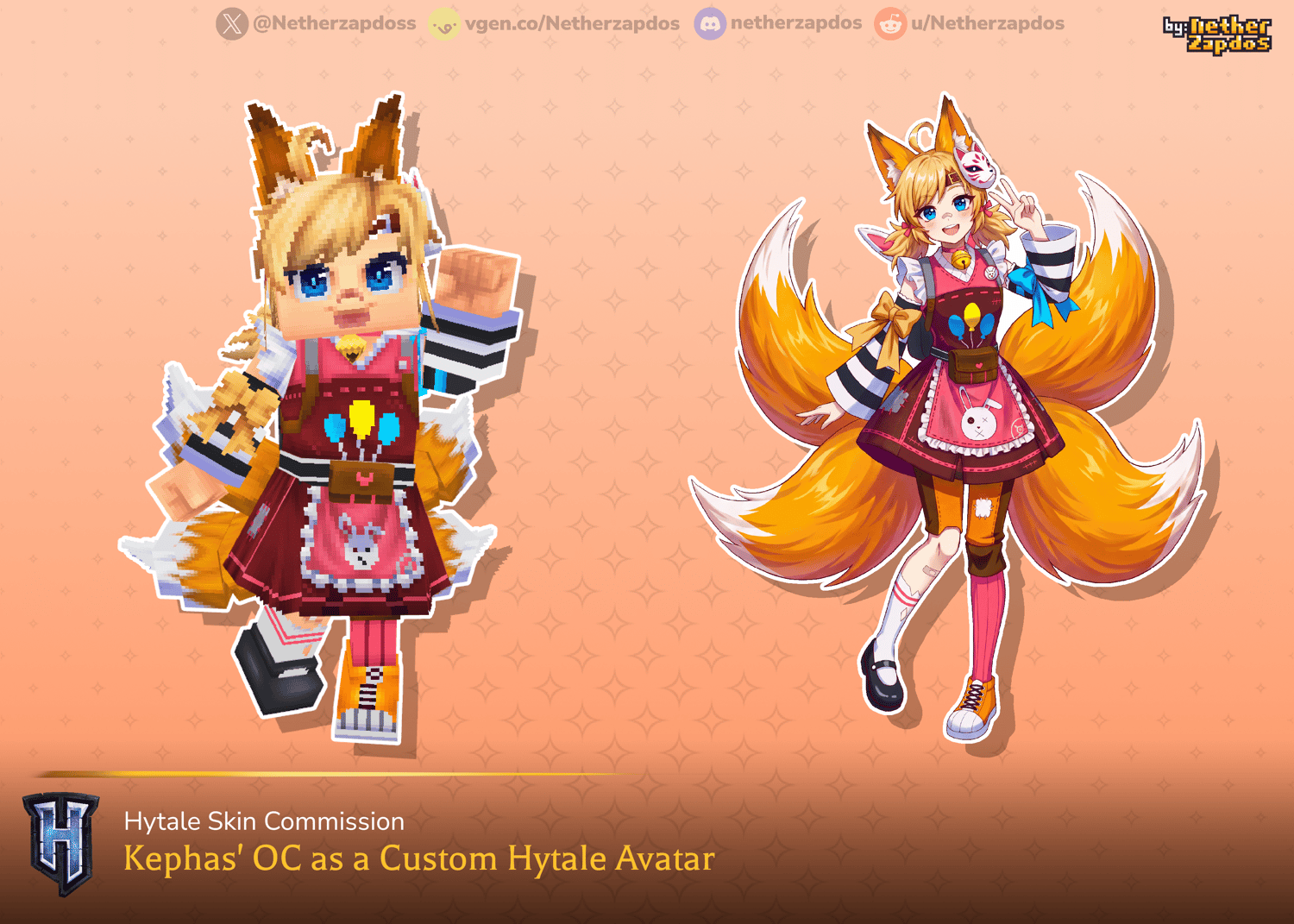 A side-by-side showcase of the completed Hytale skin and the reference OC