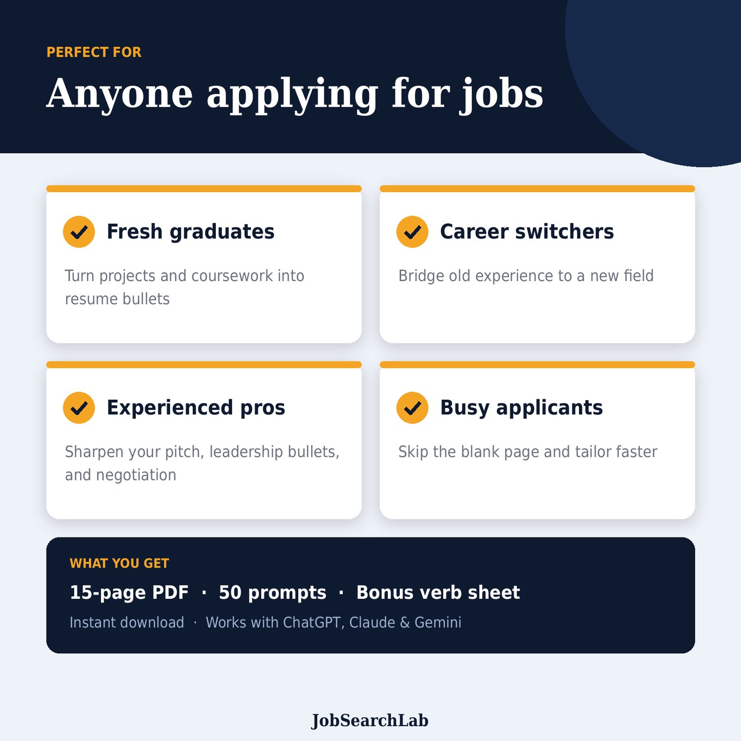 AI Job Hunt Kit is for fresh graduates, career switchers and experienced professionals