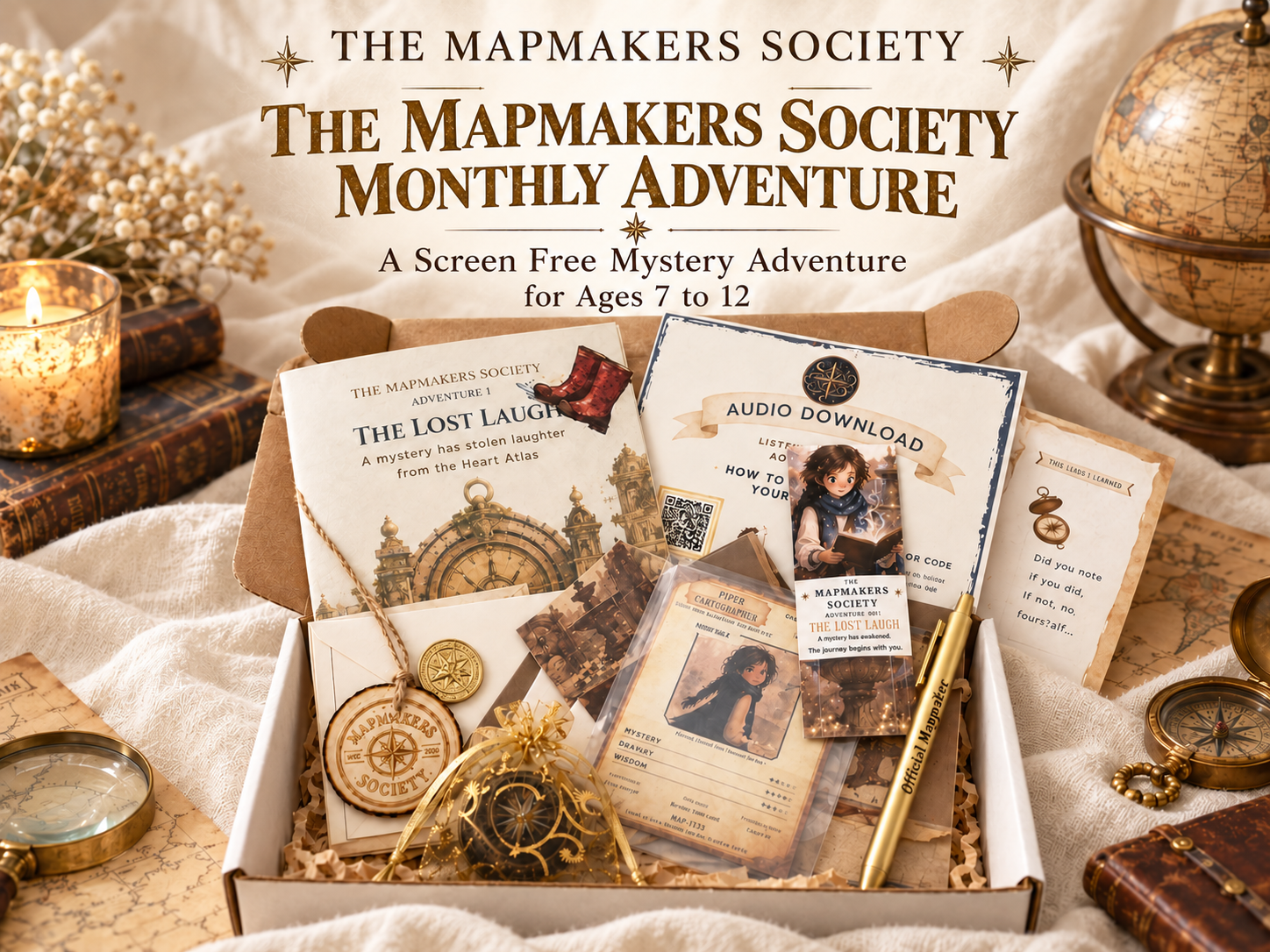 Promotional image for The Mapmakers Society Monthly Adventure showing a whimsical storybook scene with a boxed adventure kit centered in a magical Lost Lands landscape, featuring The Lost Laugh booklet, audio download card, notebook, collectible cards, puzzle pieces, map items, compass-themed keepsakes, and a button-style call to action reading “Join the Adventure,” with text highlighting a new adventure every month, a continuing story, and a new map piece each month.